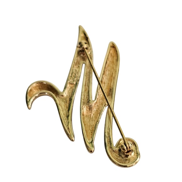 Monet Initial M Brooch Gold Tone Letter Pin with Rhinestone Accent Jewelry - Picture 8 of 10